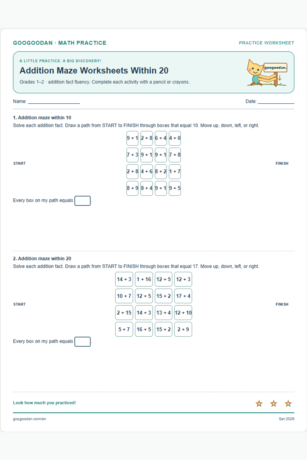 Addition Maze Worksheets Within 20 printable sample