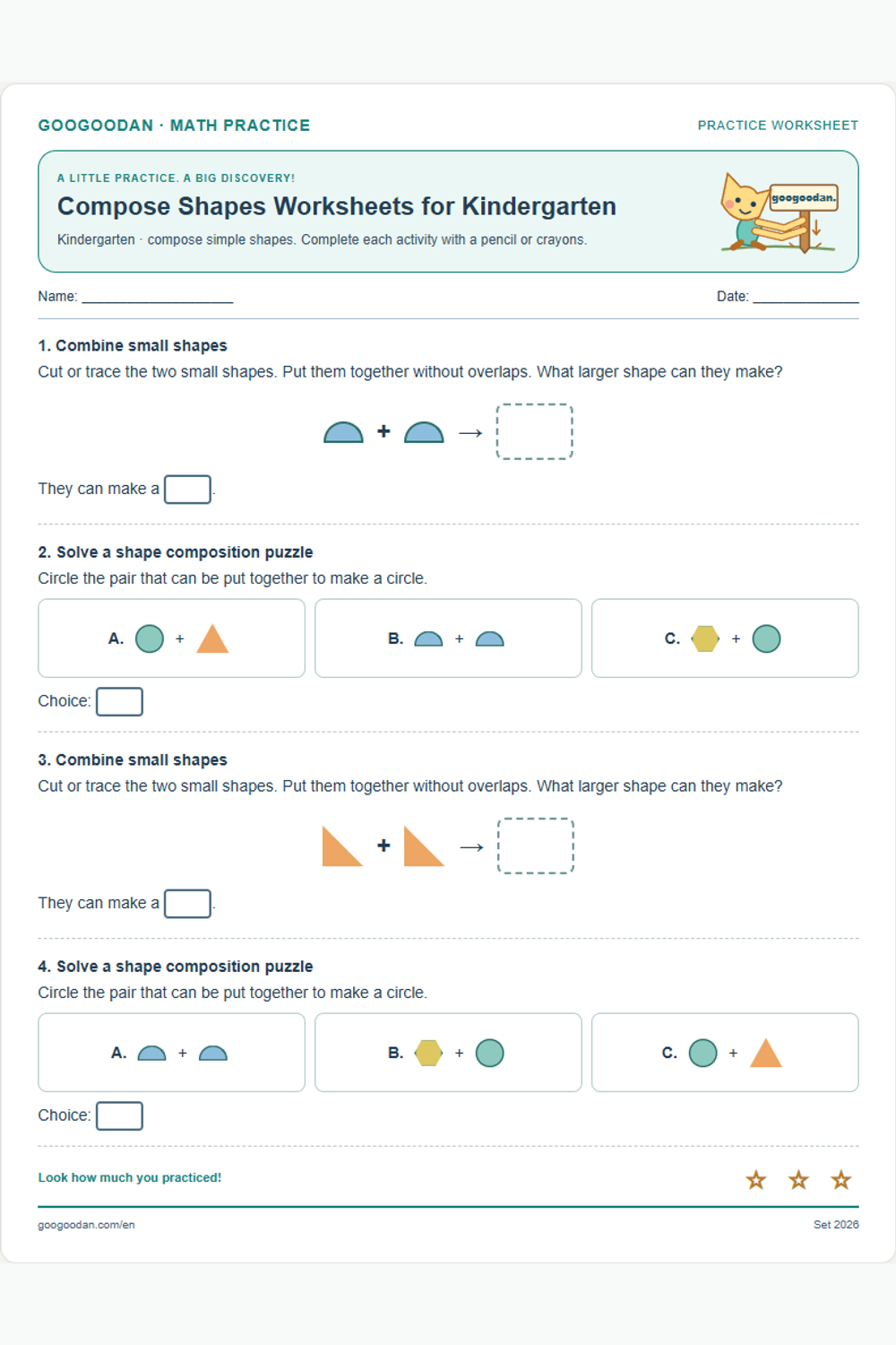 Compose Shapes Worksheets for Kindergarten printable sample