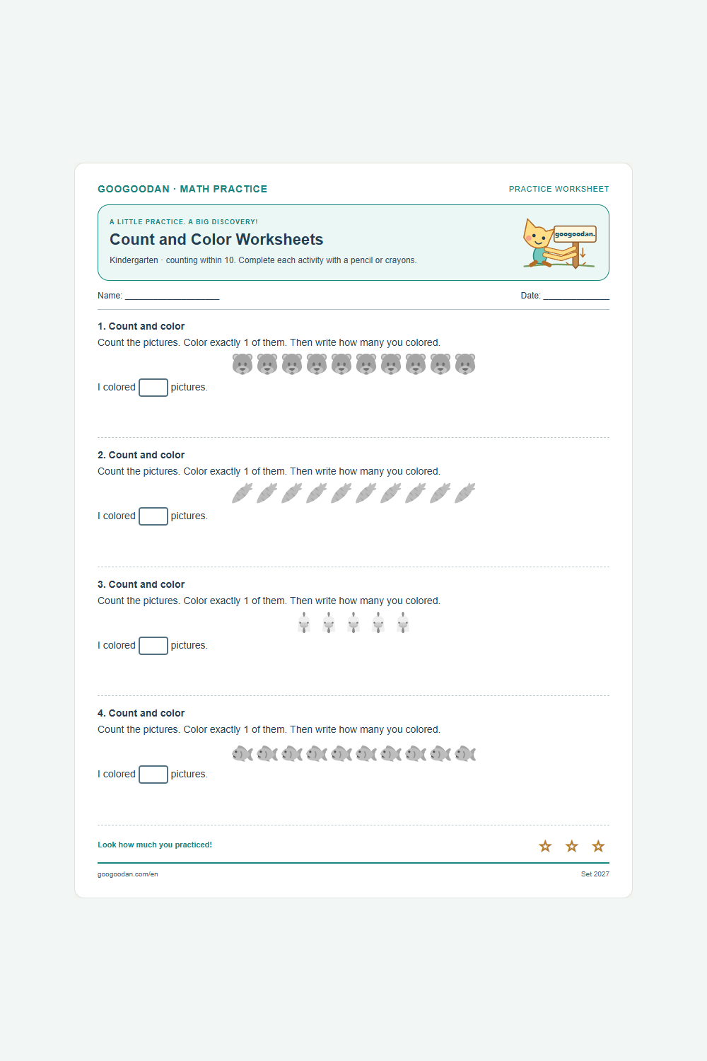 Count and Color Worksheets printable sample