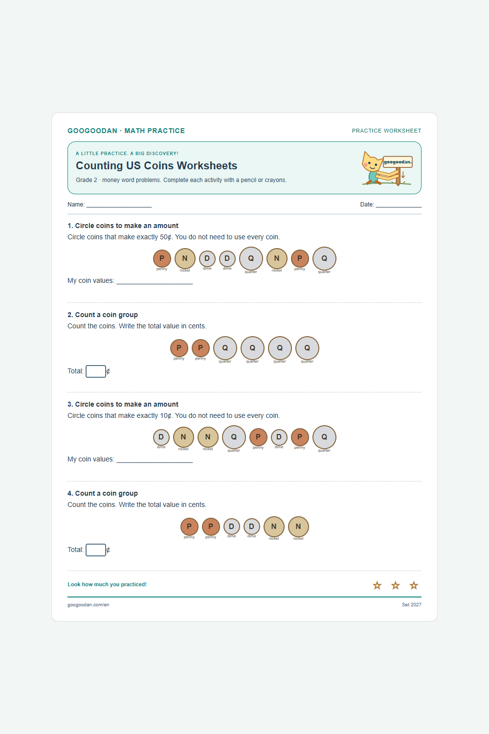 Counting US Coins Worksheets printable sample