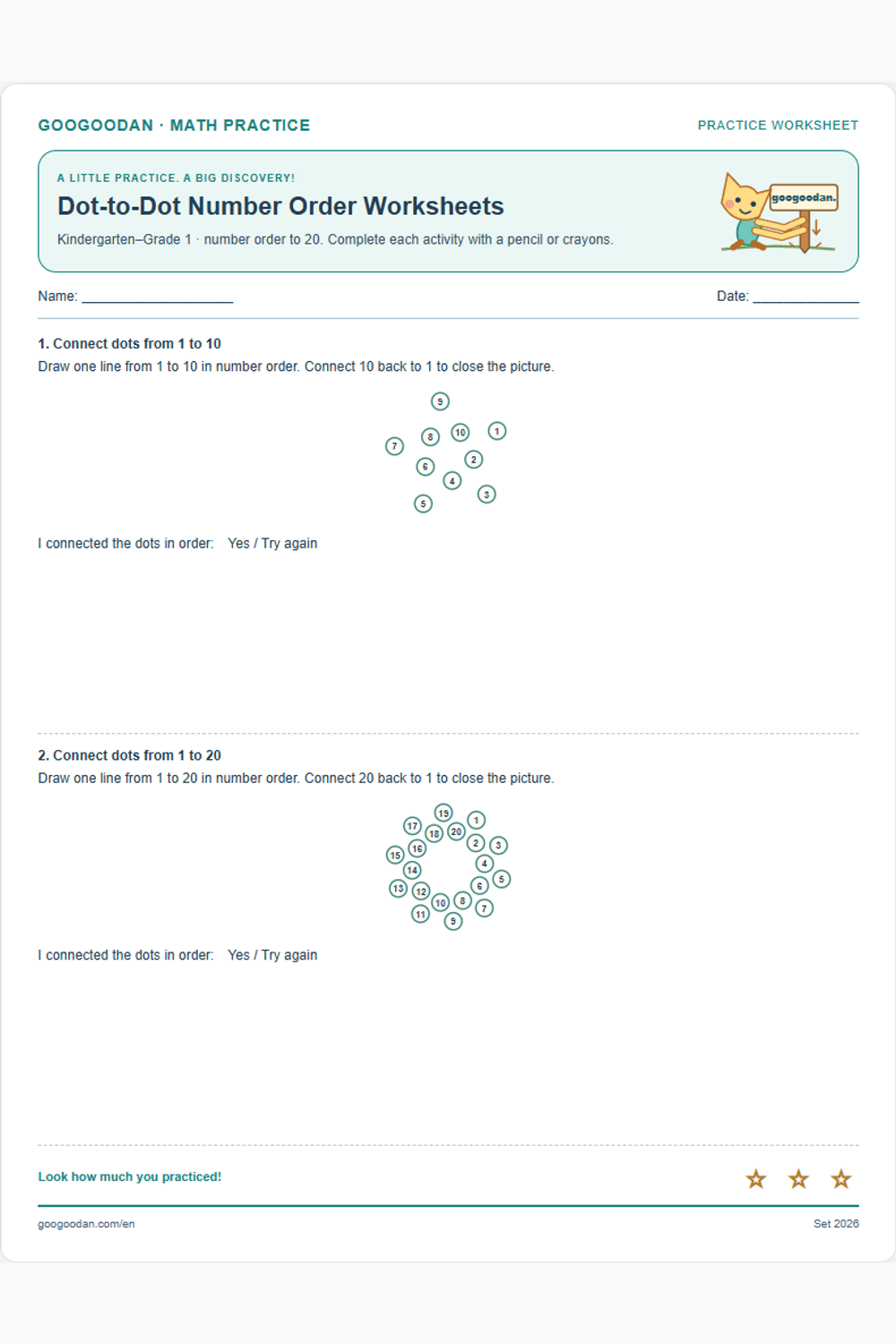 Dot-to-Dot Number Order Worksheets printable sample