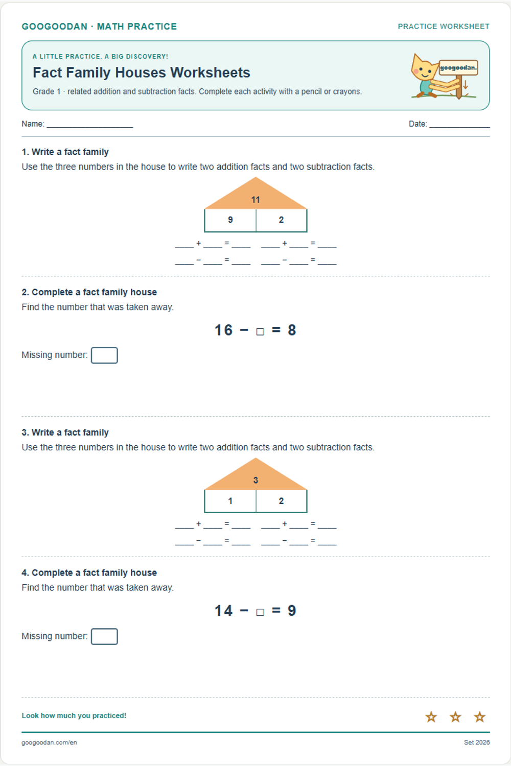 Fact Family Houses Worksheets printable sample