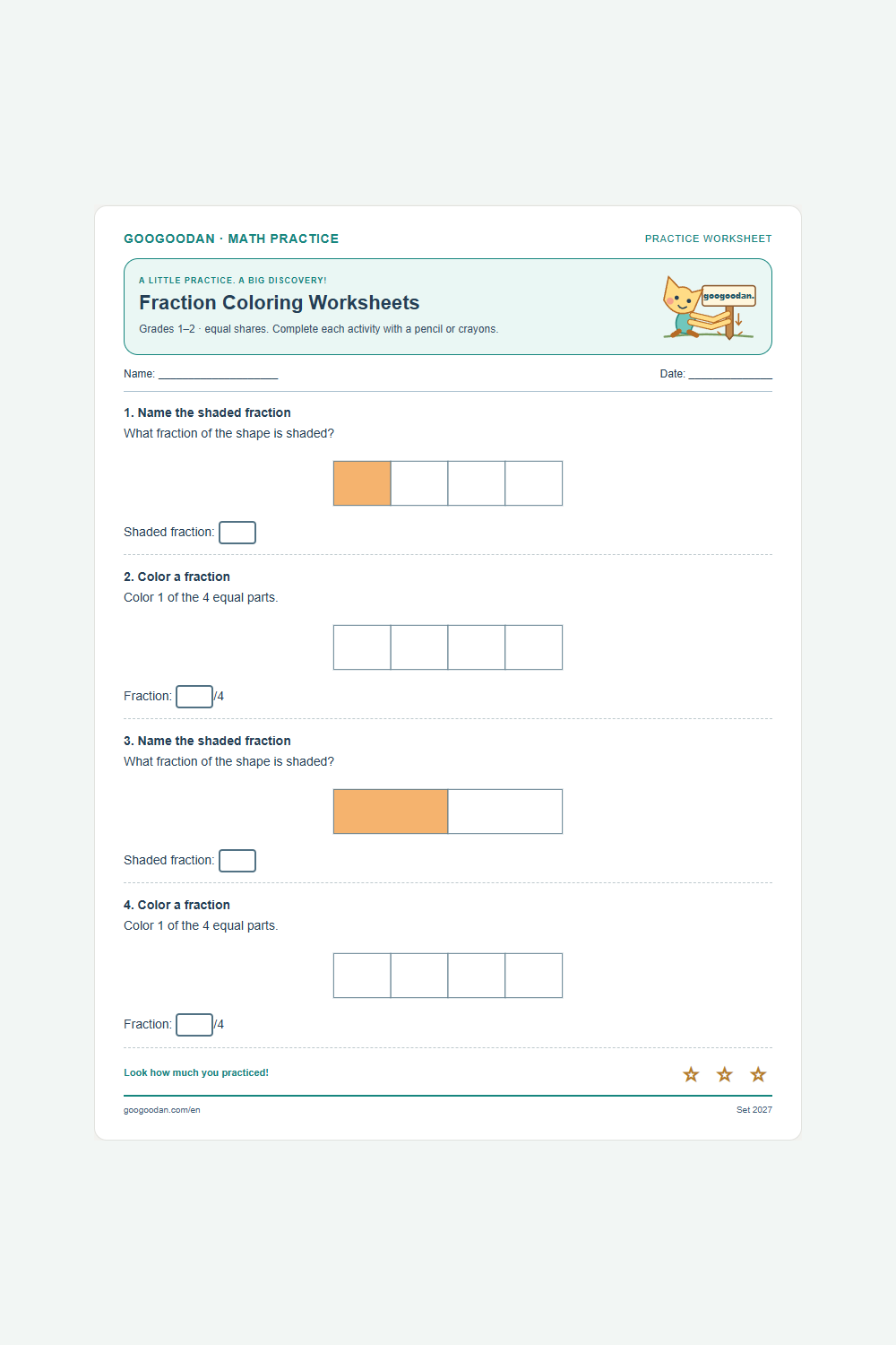 Fraction Coloring Worksheets printable sample