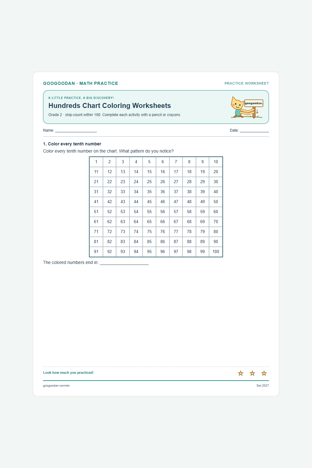 Hundreds Chart Coloring Worksheets printable sample