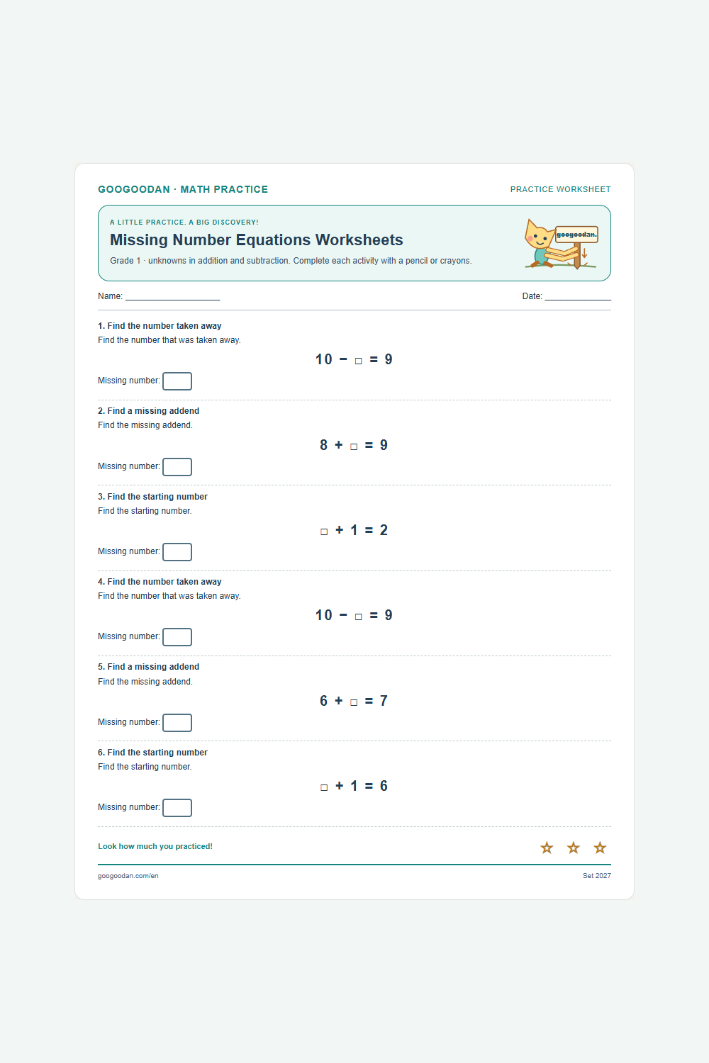 Missing Number Equations Worksheets printable sample