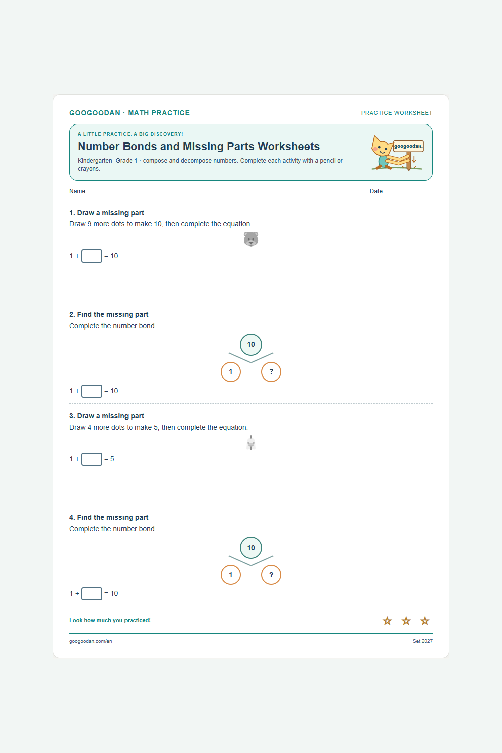 Number Bonds and Missing Parts Worksheets printable sample