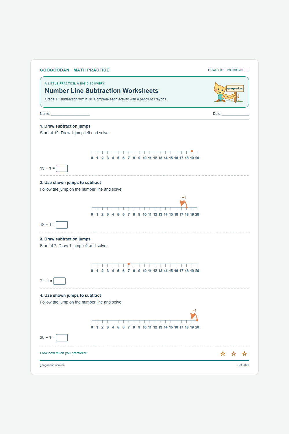 Number Line Subtraction Worksheets printable sample