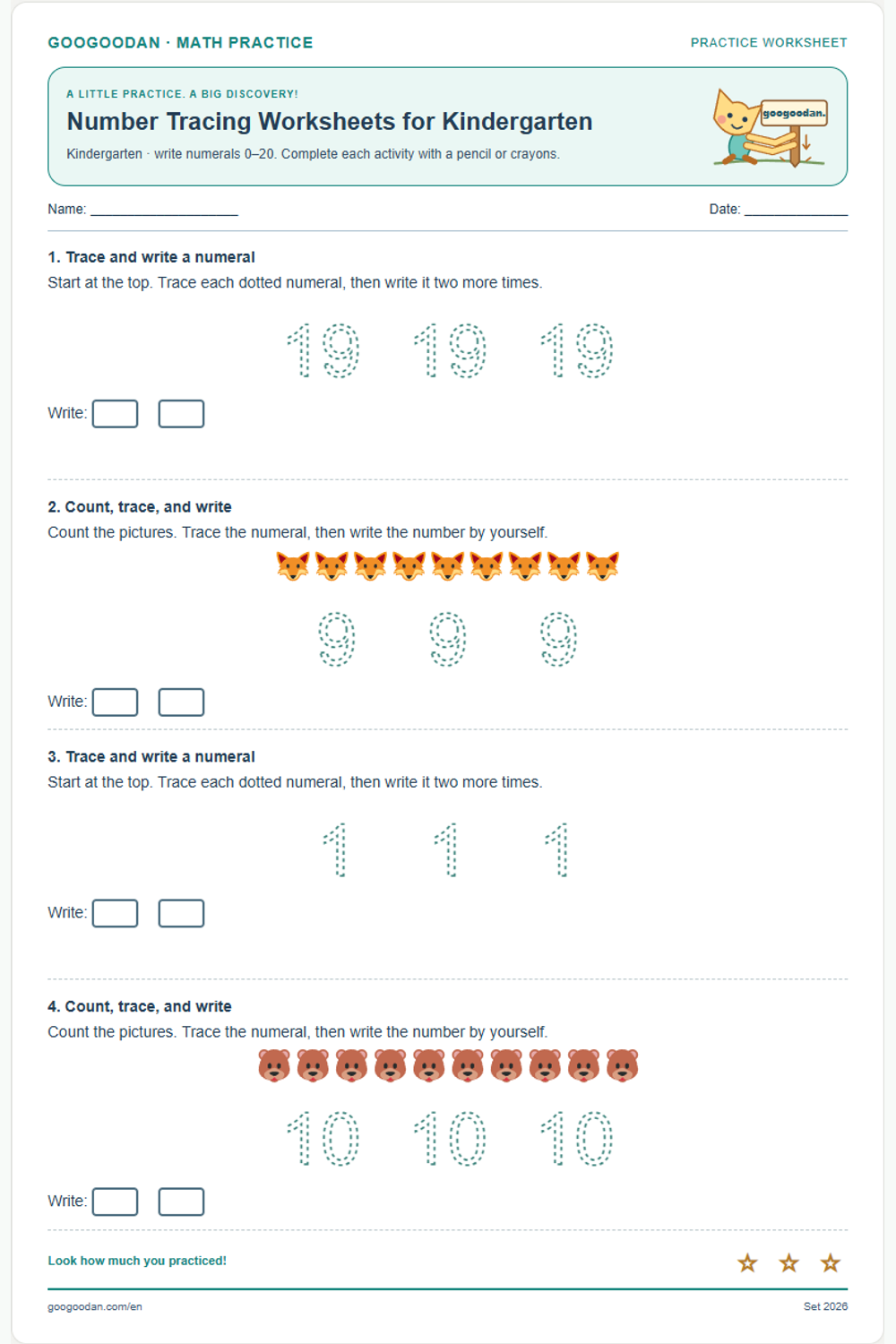 Number Tracing Worksheets for Kindergarten printable sample