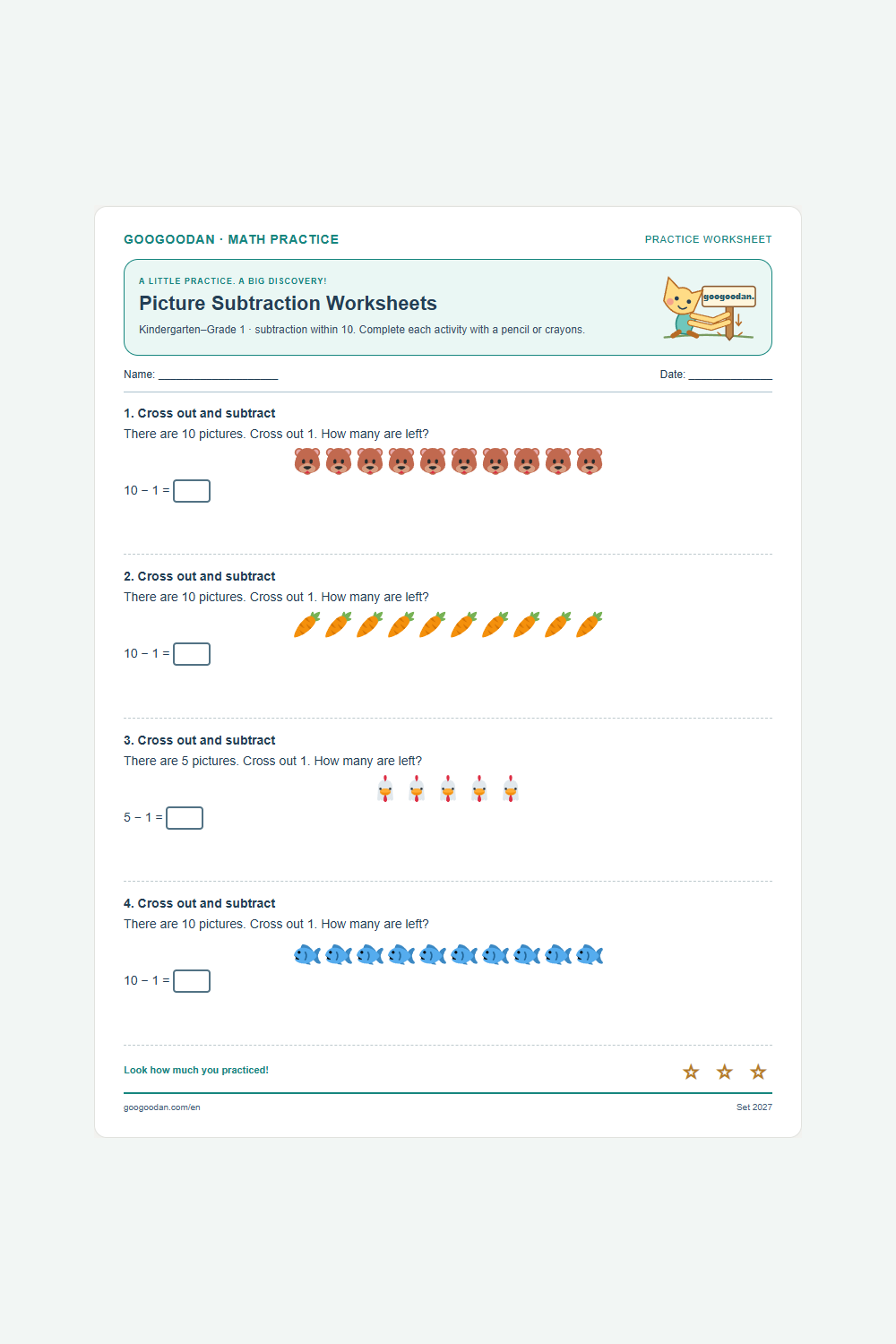 Picture Subtraction Worksheets printable sample