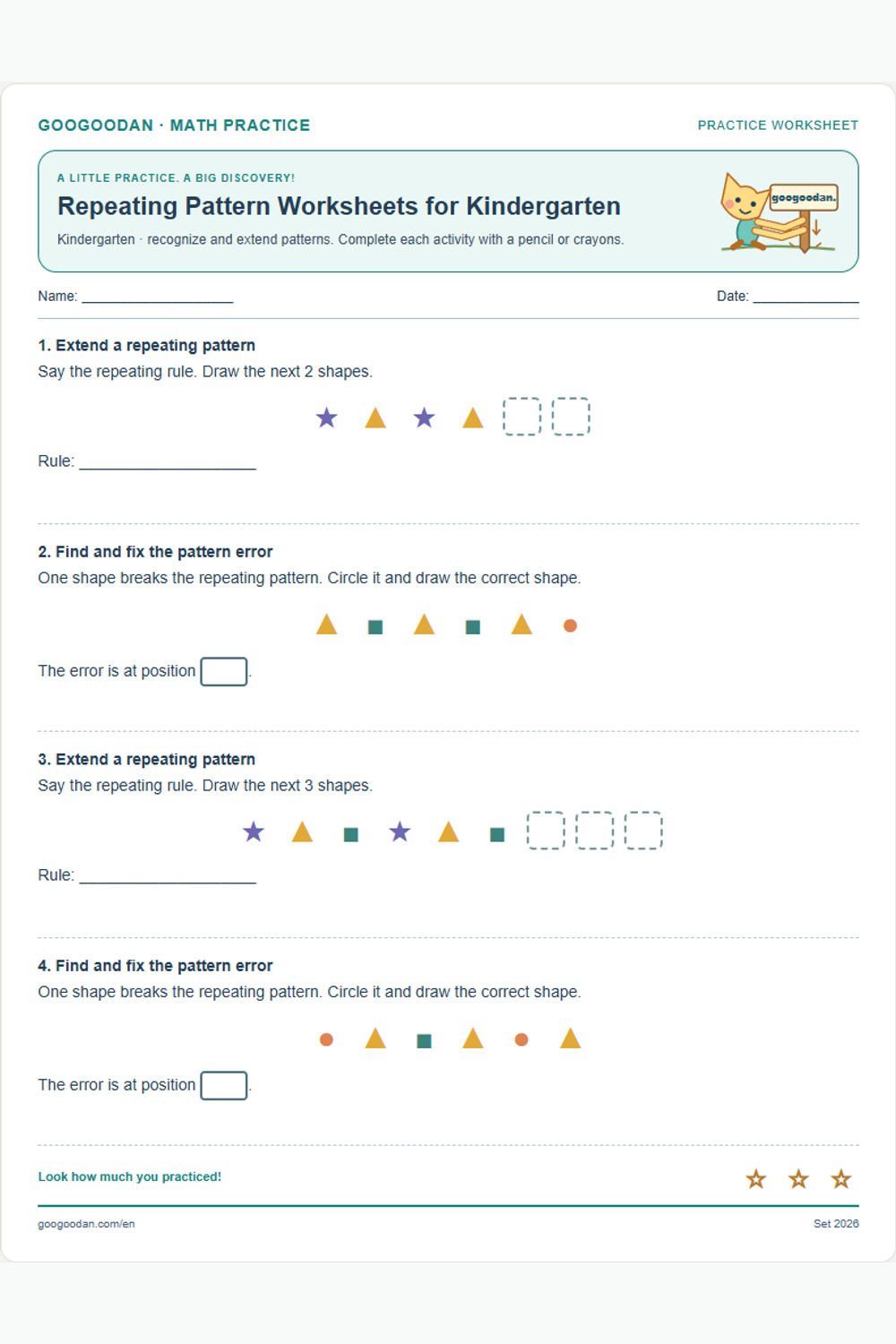 Repeating Pattern Worksheets for Kindergarten printable sample