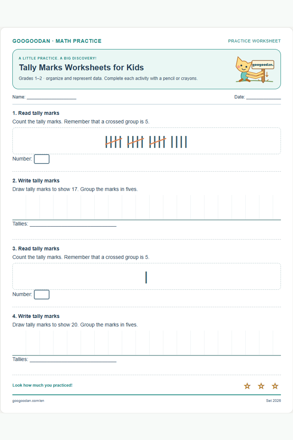 Tally Marks Worksheets for Kids printable sample