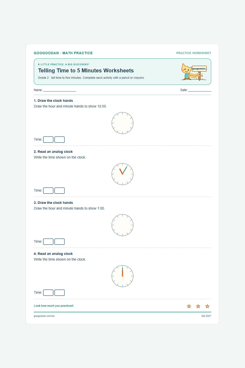 Telling Time to 5 Minutes Worksheets printable sample