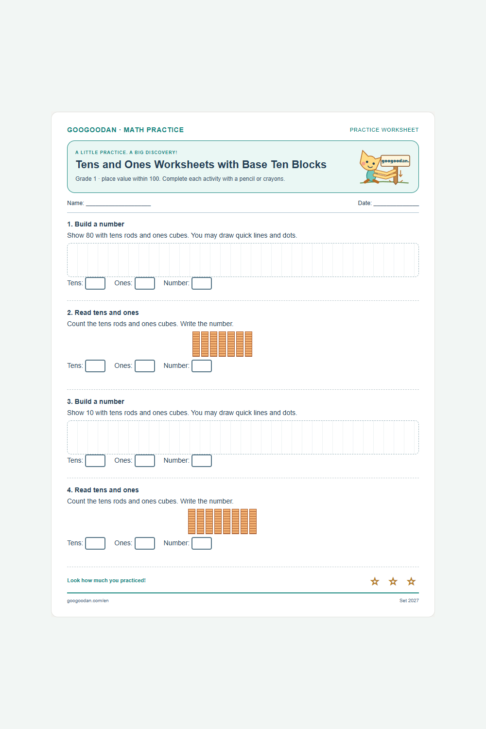 Tens and Ones Worksheets with Base Ten Blocks printable sample