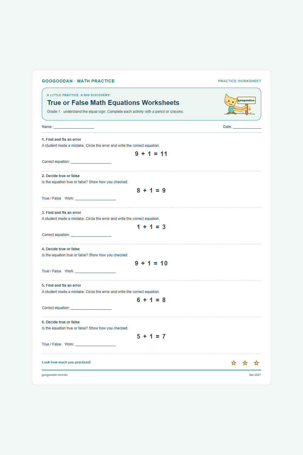 True or False Math Equations Worksheets printable sample