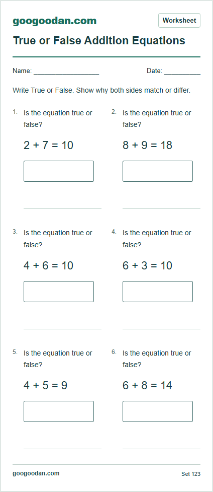 Full printable worksheet preview: True or False Addition Equations