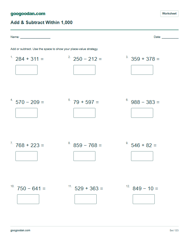 Full printable worksheet preview: Addition & Subtraction Within 1,000
