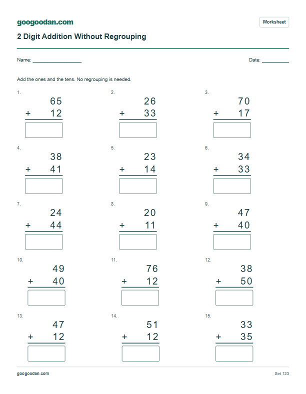 Full printable worksheet preview: 2 Digit Addition Without Regrouping