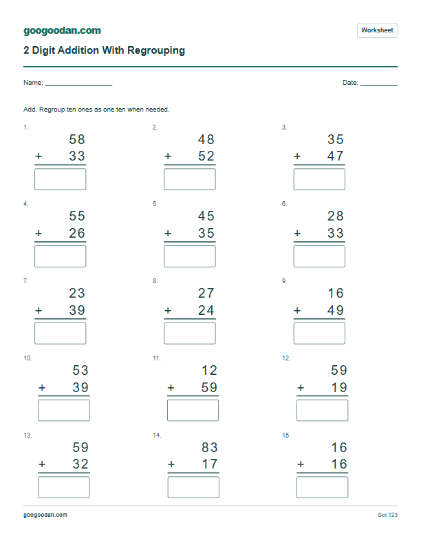Full printable worksheet preview: 2 Digit Addition With Regrouping