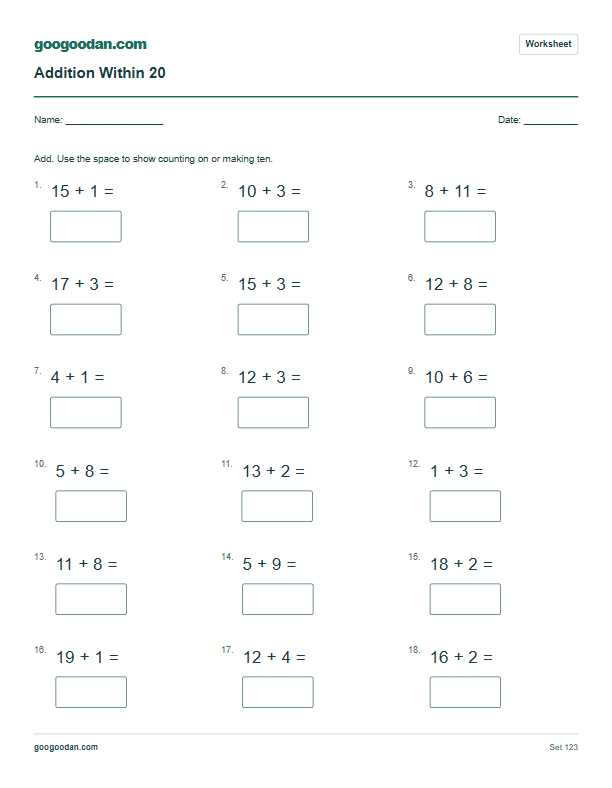 Full printable worksheet preview: Addition Within 20