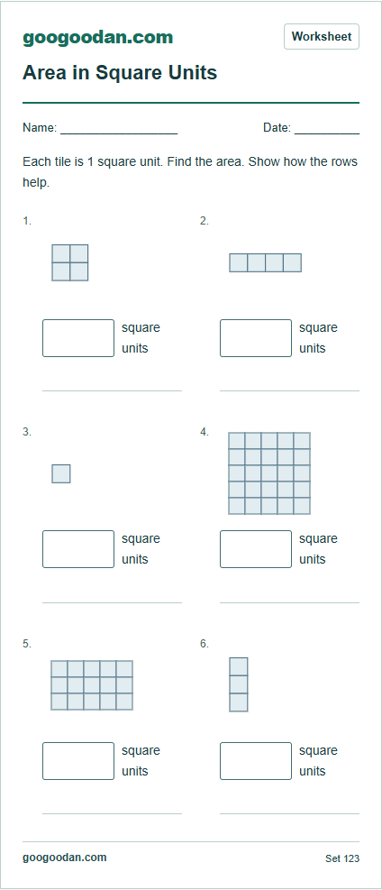 Full printable worksheet preview: Counting Square Units: Area