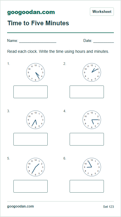 Full printable worksheet preview: Telling Time to Five Minutes