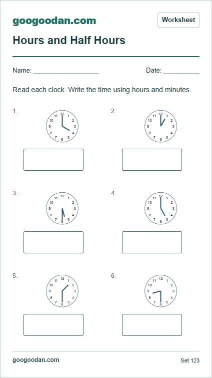 Full printable worksheet preview: Telling Time: Hours and Half Hours