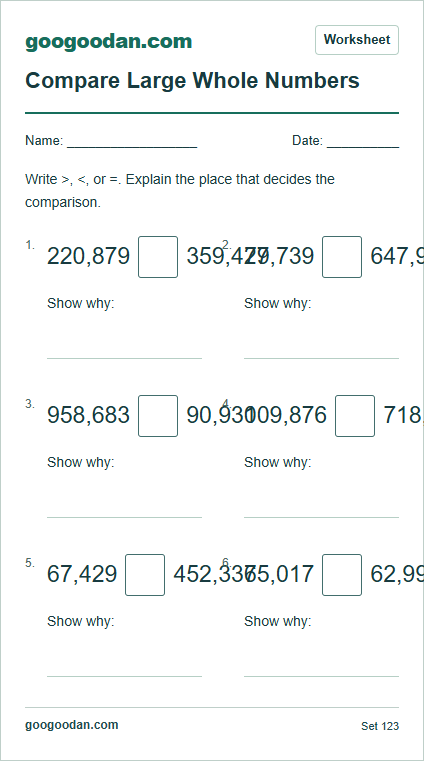 Full printable worksheet preview: Comparing Large Whole Numbers
