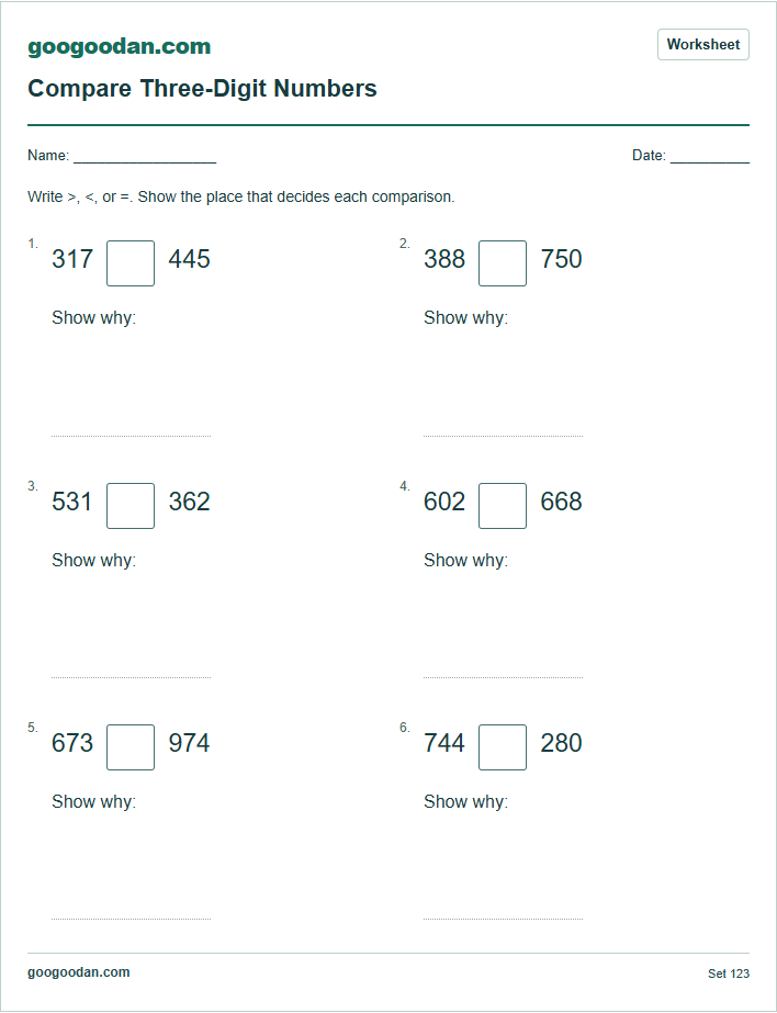Full printable worksheet preview: Comparing Three-Digit Numbers
