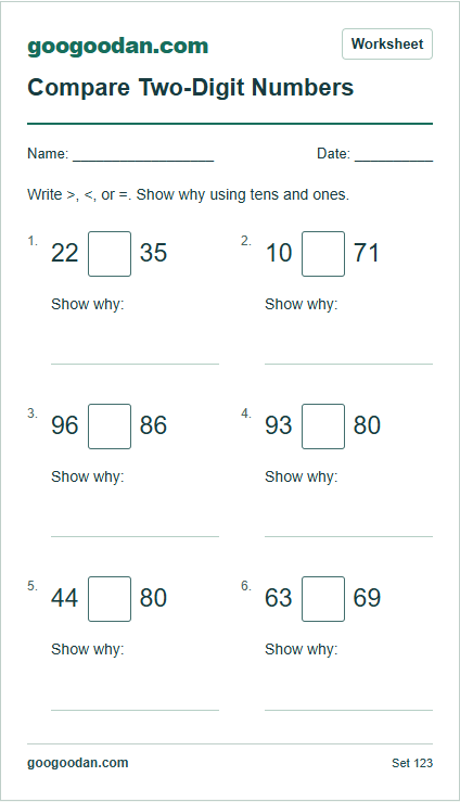 Full printable worksheet preview: Comparing Two-Digit Numbers