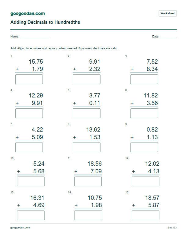 Full printable worksheet preview: Adding Decimals to Hundredths Worksheets