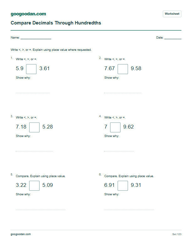 Full printable worksheet preview: Compare Decimals Through Hundredths