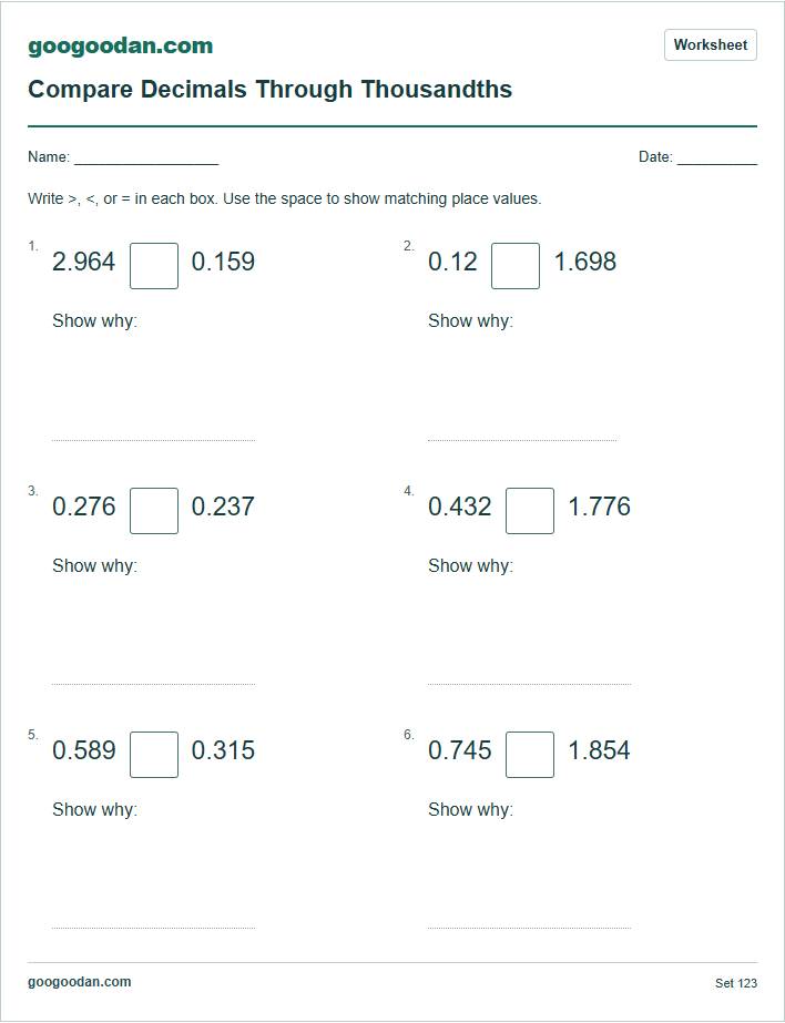 Full printable worksheet preview: Comparing Decimals Through Thousandths