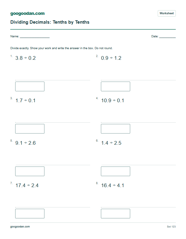 Full printable worksheet preview: Dividing Decimals Worksheets – Tenths by Tenths