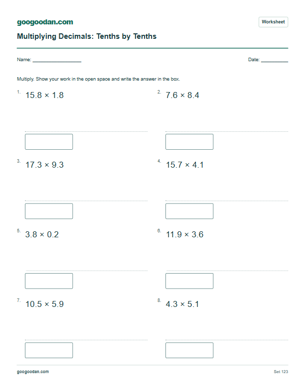 Full printable worksheet preview: Multiplying Decimals Worksheets – Tenths by Tenths
