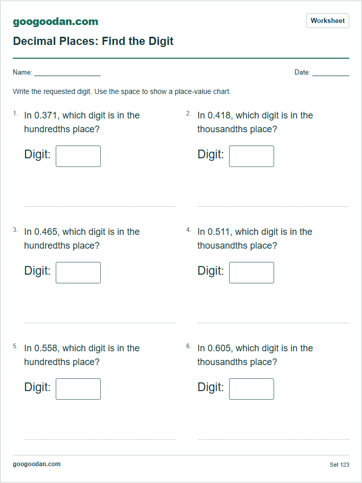 Full printable worksheet preview: Decimal Place Value: Find the Digit