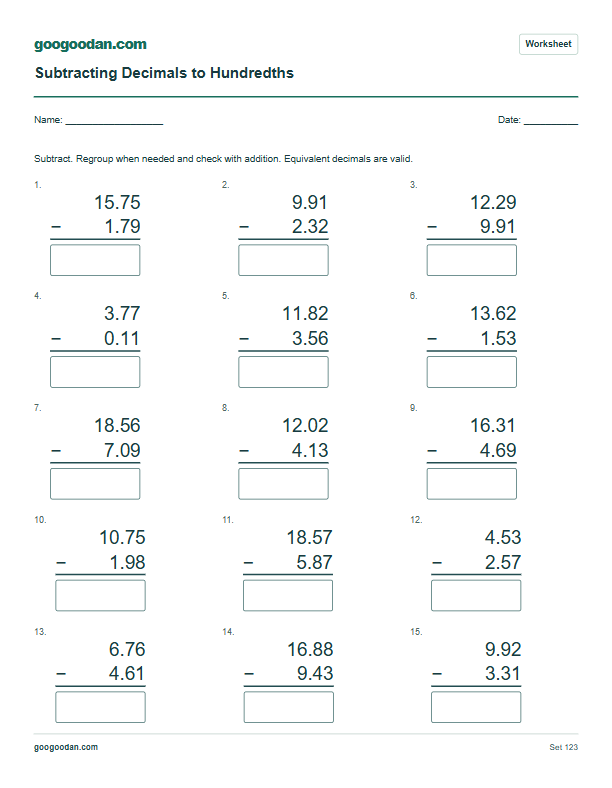 Full printable worksheet preview: Subtracting Decimals to Hundredths Worksheets