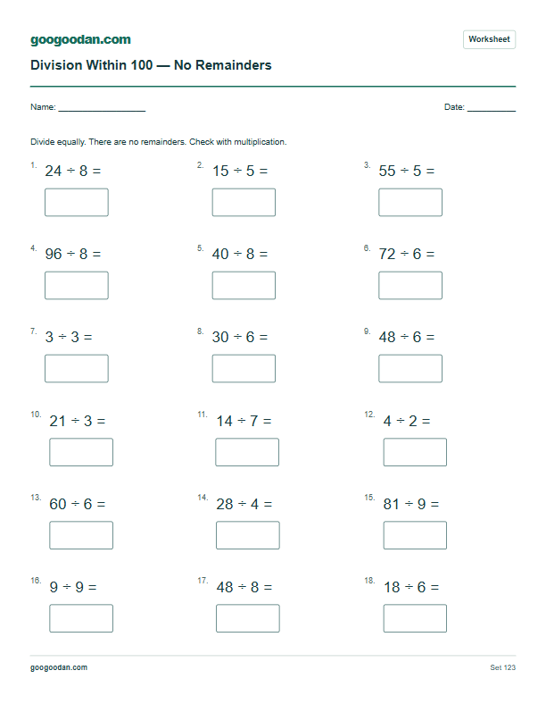 Full printable worksheet preview: Division Without Remainders Worksheets