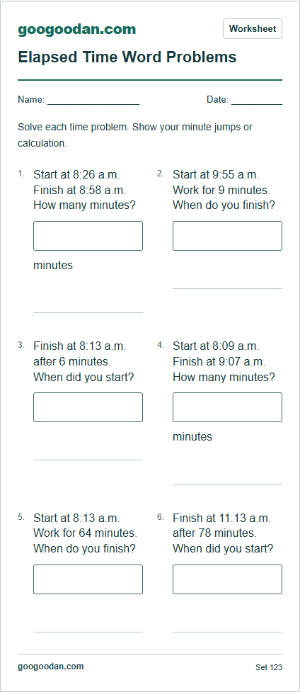 Full printable worksheet preview: Elapsed Time Word Problems