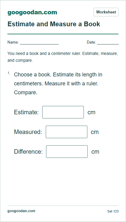 Full printable worksheet preview: Estimate and Measure a Book