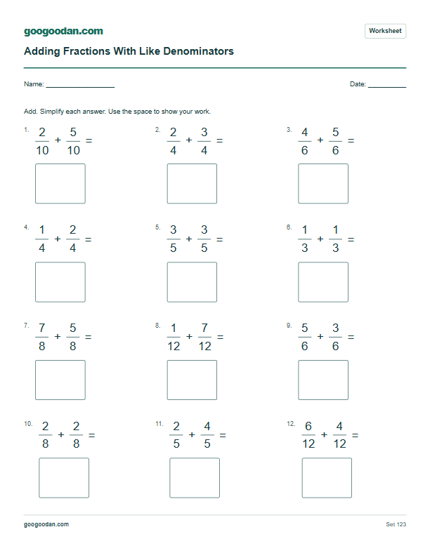Full printable worksheet preview: Adding Fractions With Like Denominators