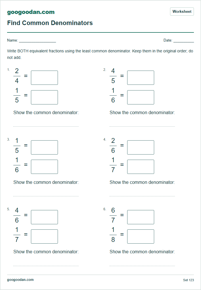 Full printable worksheet preview: Finding Common Denominators