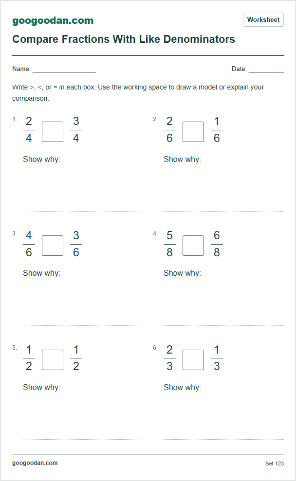 Full printable worksheet preview: Comparing Fractions With the Same Denominator