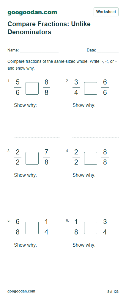 Full printable worksheet preview: Comparing Fractions with Unlike Denominators