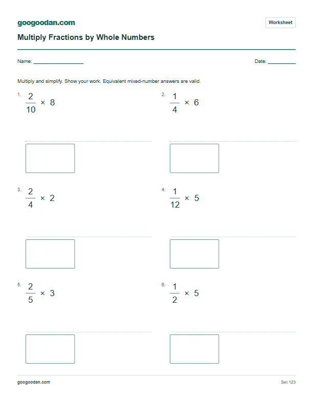 Full printable worksheet preview: Multiplying Fractions by Whole Numbers Worksheets
