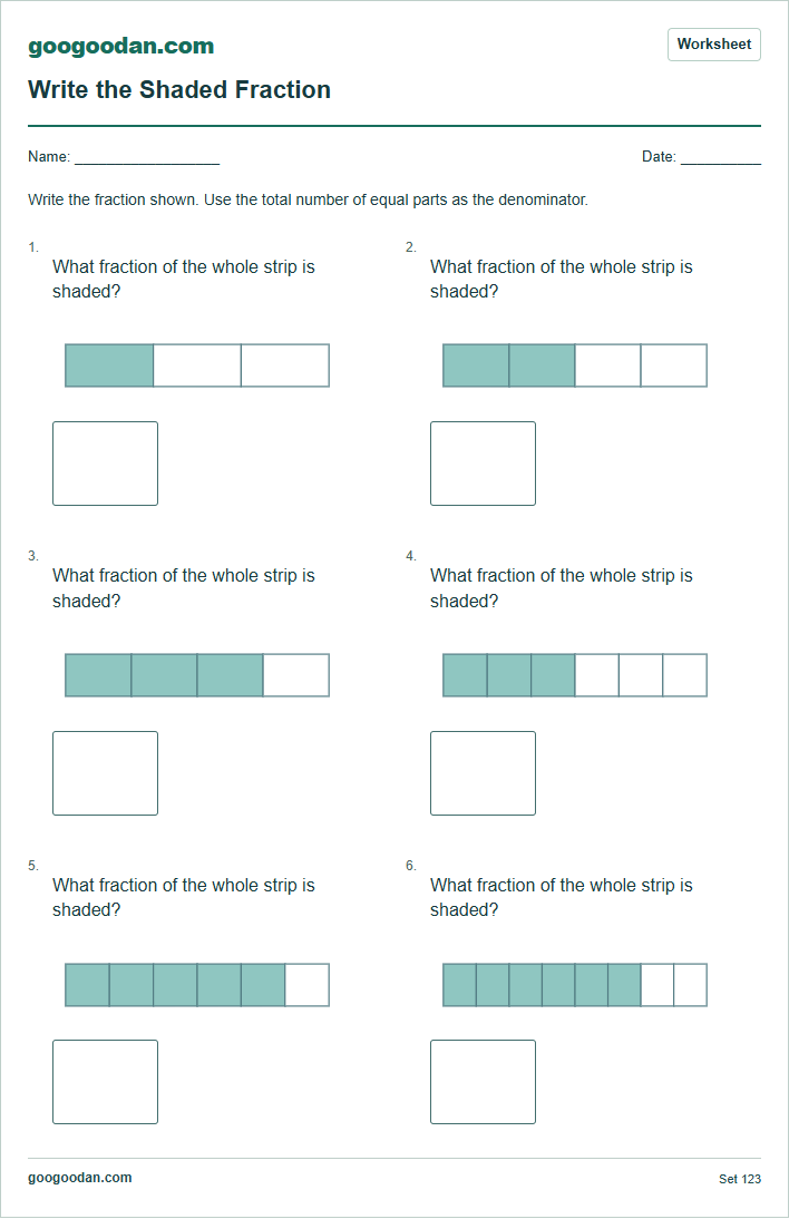 Full printable worksheet preview: Write Fractions From Shaded Parts