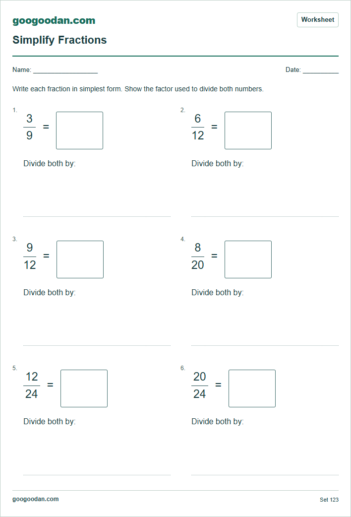 Full printable worksheet preview: Simplifying Fractions