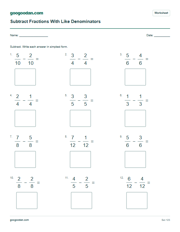 Full printable worksheet preview: Subtracting Fractions With Like Denominators