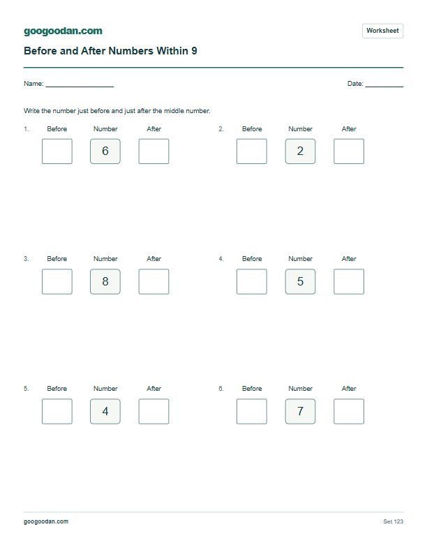 Full printable worksheet preview: Before and After Numbers Worksheets for Kindergarten