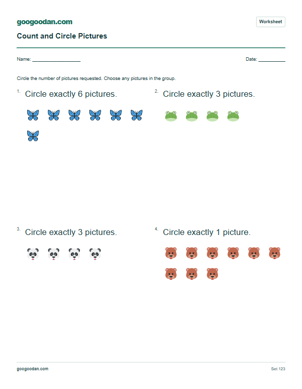 Full printable worksheet preview: Count and Circle Worksheets for Kindergarten