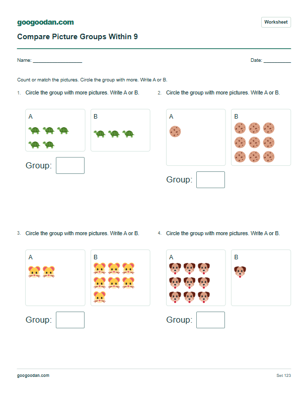 Full printable worksheet preview: Compare Picture Groups Worksheets for Kindergarten